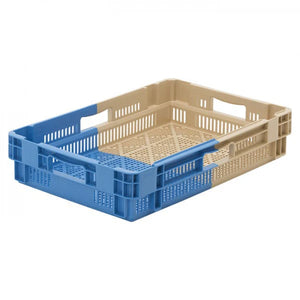 22 litre bi-colour perforated stack and nest food approved container in blue and beige
