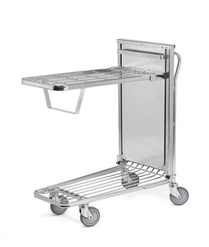 Electro-galvanised ergonomic stackable shop trolley with spring-loaded upper shelf