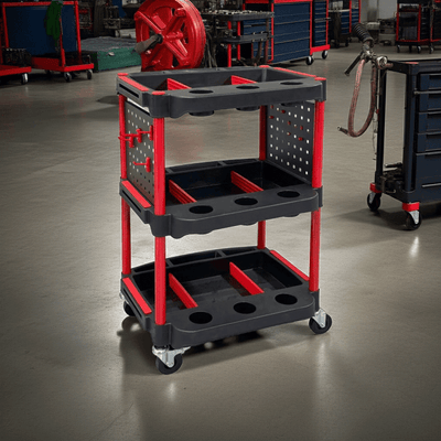 Plastic 3 Shelf Tray Trolley – 100kg Capacity – Workshop & Tool Cart
